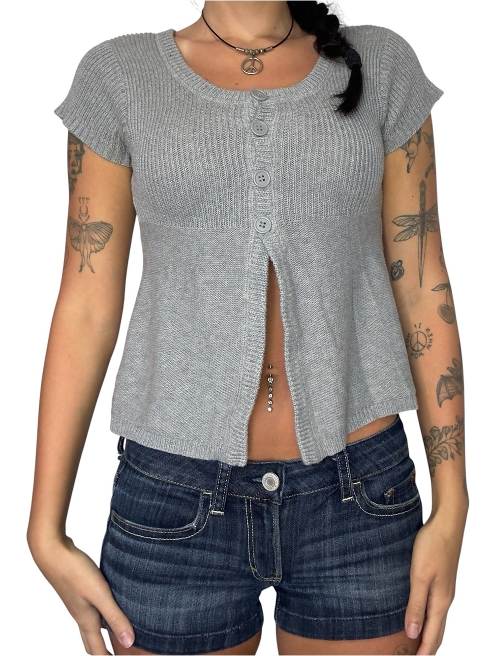 Y2K Babydoll Light Gray Short Sleeve Button Front Knit Top